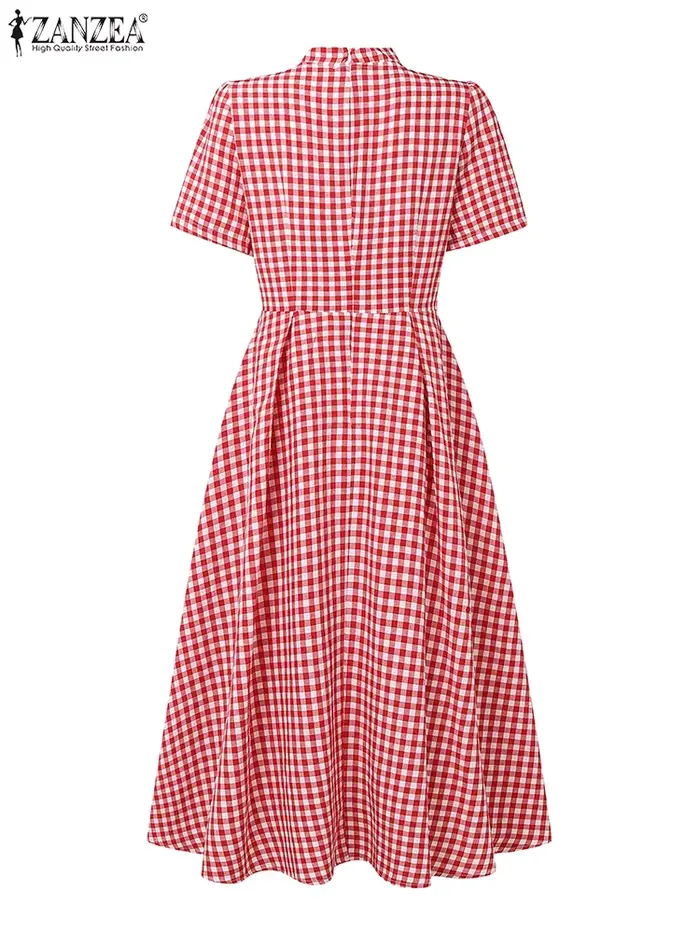 Femmes élégantes robes mi-longues ZANZEA été Plaid robe à carreaux col montant fête