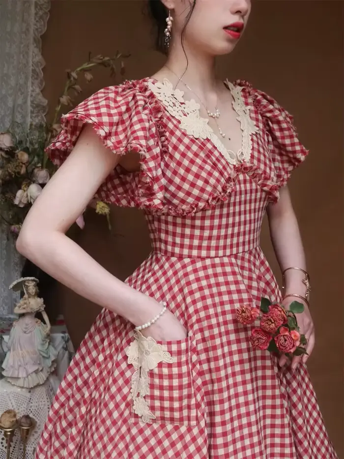 Robe à carreaux rouges style victorien élégante pour femmes été vacation date birthday party night