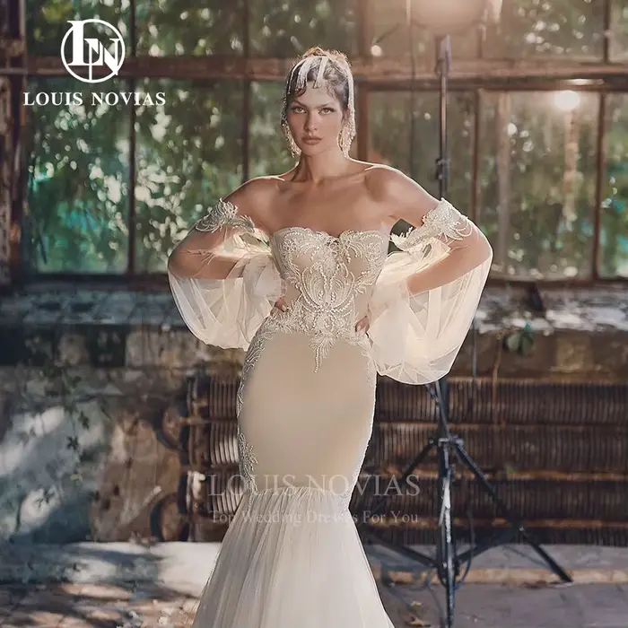 Modis-Robes de mariée sirène dos nu à manches bouffantes