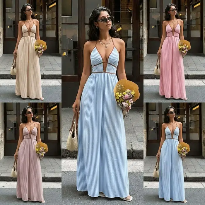 Robe rayée sexy junior dos nu col en V style bohème longue maxi pour plage et soirées estivales