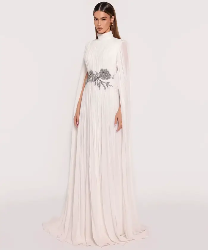 Robe de soirée trapèze blanche arabe, Vintage, col haut, avec longs châles, élégante, en mousseline 