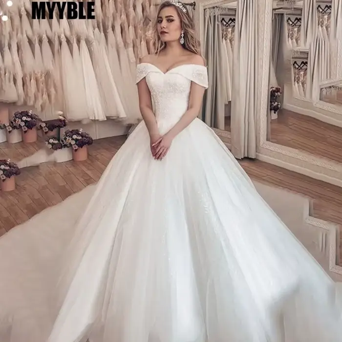 MYYBLE-Robe de mariée princesse en paillettes ivoire, tenue de mariage élégante, à lacets dans le do
