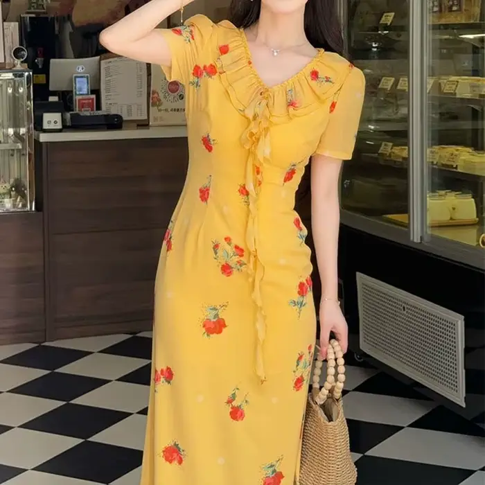 Style de vacances fleurs cassées robes été élégant volants Patchwork femme Vintage taille Aura col e