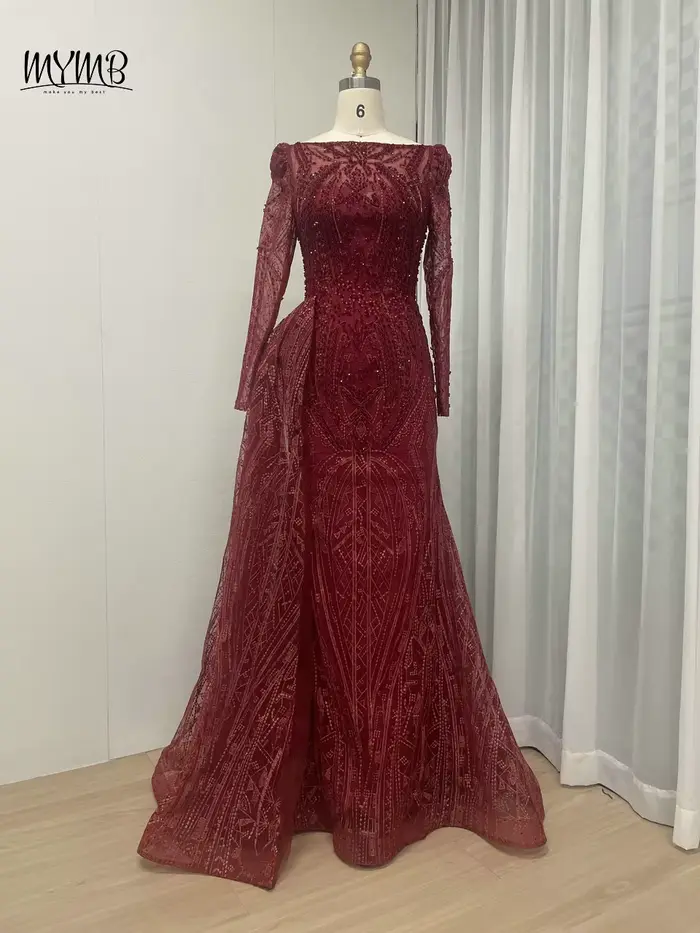 MYMB vin élégant manches longues perles dentelle mère de la robe de mariée arabe magnifique sirène r