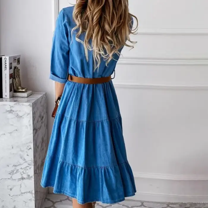 Robe en jean manches trois quarts avec ceinture col rabattu printemps automne boutons à volants robes