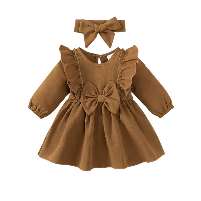 Robes de noël 5 couleurs, robe de princesse à manches longues avec nœud + bandeau pour bébés filles 