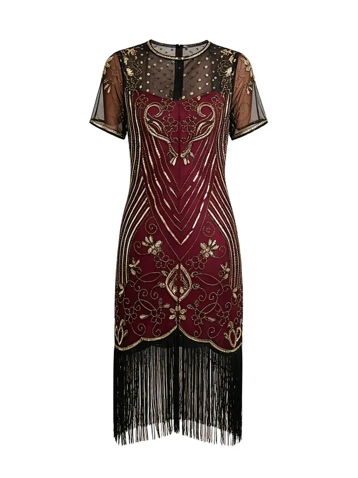 Robe de soirée style Charleston des années 20, ornée de perles, de paillettes et de franges, pour cocktail ou fête