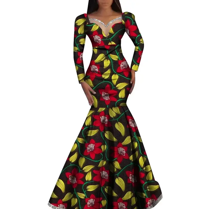 Robe africaine imprimée Ankara pour femmes, robes à manches longues, robe élégante Dashiki, jupe plissée de mariage, robes à la mode, WY1058