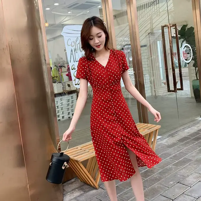 Robe mi-longue en mousseline de soie pour femme, tenue de soirée coréenne, courte, légère, tunique florale, mode vintage, rouge, à pois, décontractée, été, élégante à offrir pour les occasions spéciales