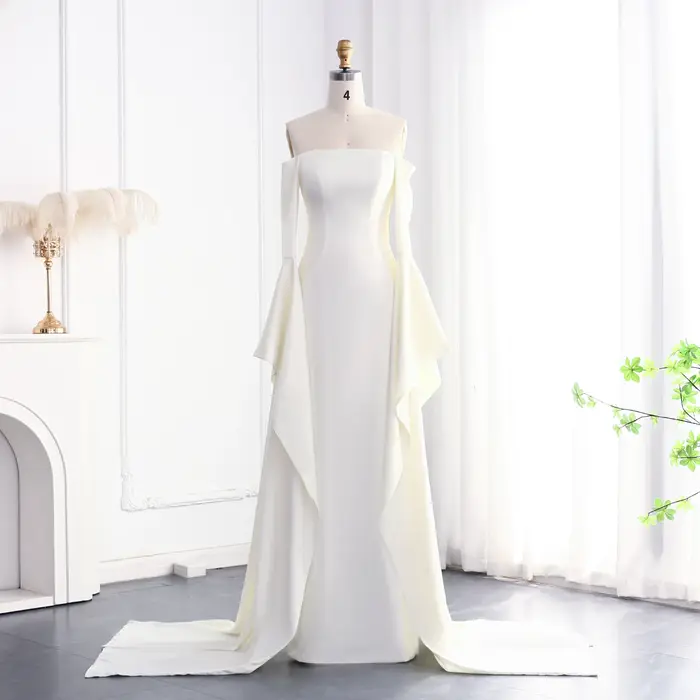 Robe Sharon Said SF050 dénudée élégante pour femmes soirée officielle mariage satiné polyester simple sirène avec manches évasées