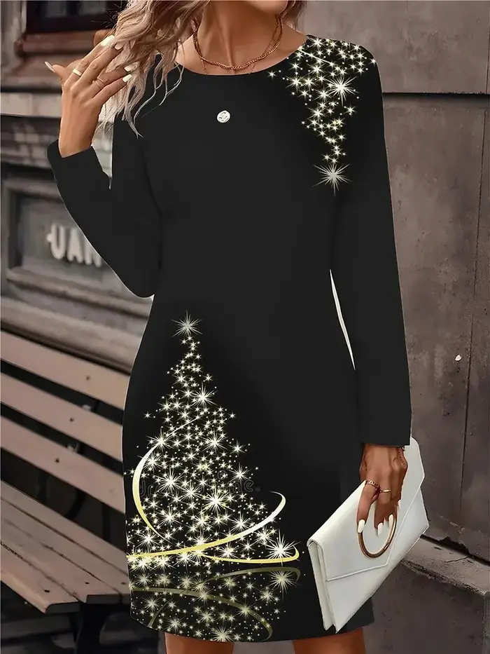 Robe festive à manches longues en polyester avec imprimé flocons de neige pour femmes pour Noël et autres occasions spéciales