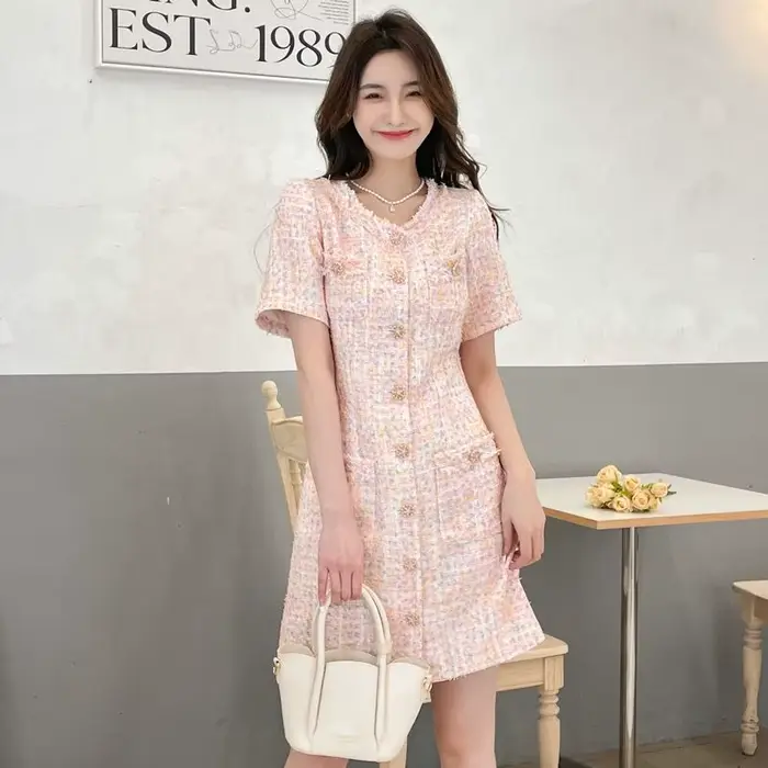 Robe pull en tweed pour femme junior style preppy coupe cintrée rose polyvalente automne printemps été 2025