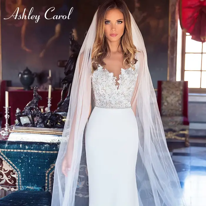Ashley Carol dentelle sirène robes De mariée Sexy col en v cristal mariée fleurs élégant Satin robes