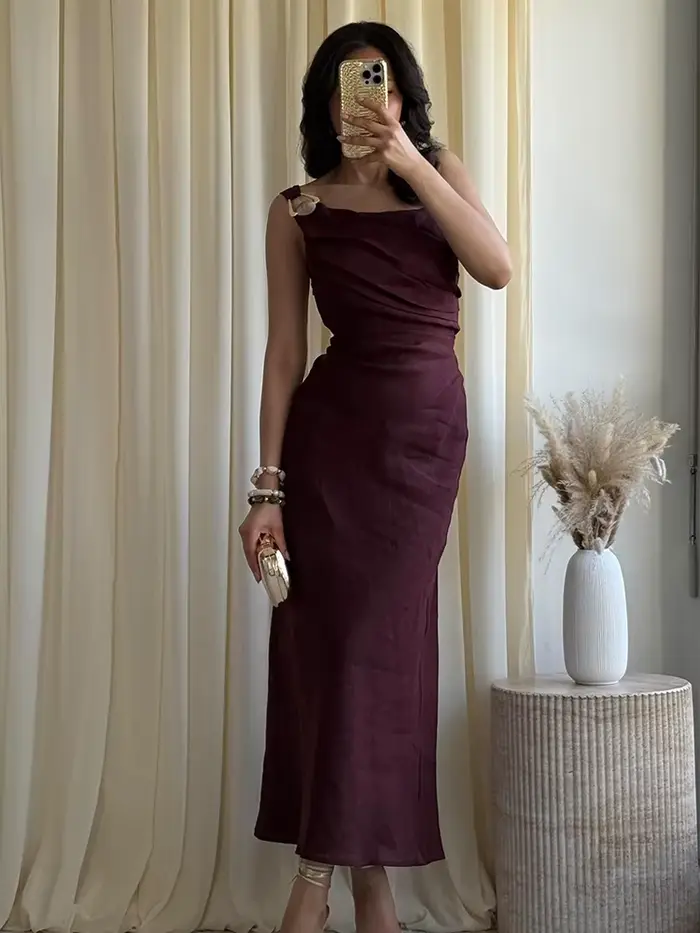 Robe midi asymétrique en lin pour femme, élégante et sexy, couleur unie, style été, épaules dénudées, longueur cheville
