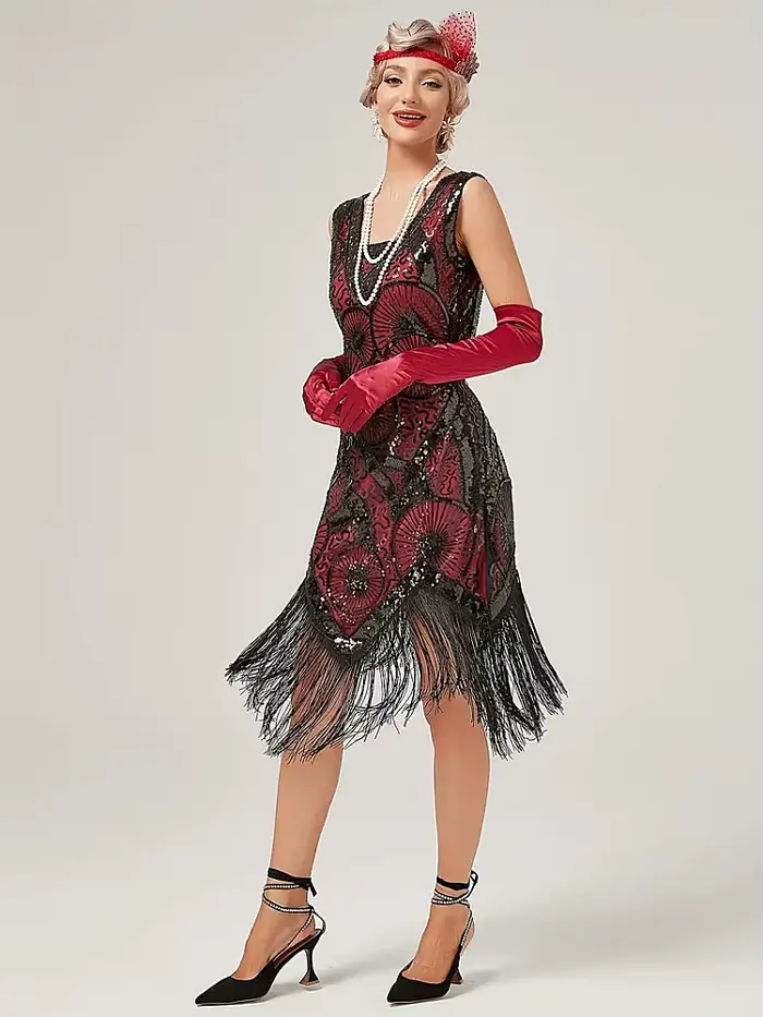 Robe de soirée Charleston style Gatsby pour femmes robe cocktail sequins franges vintage col carré sans manches mi-mollets occasions spéciales
