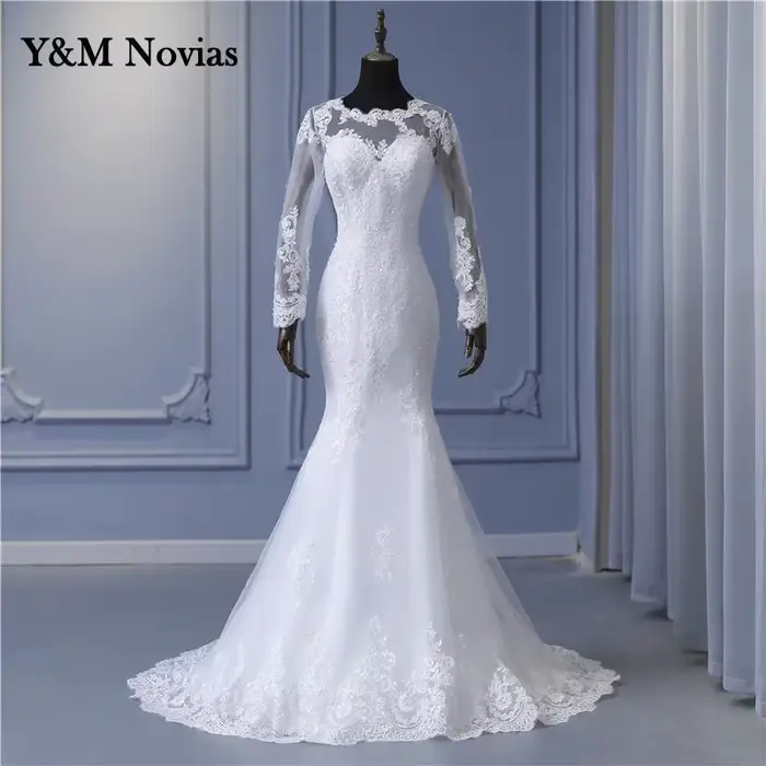 Y & M Sexy Illusion sirène robes De mariée dentelle Appliques perlée robe
