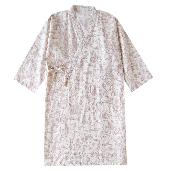 Robe Kimono Japonaise Imprimée Forêt de Champignons 100% Coton Femmes Taille M L Occasions Spéciales Printemps Été