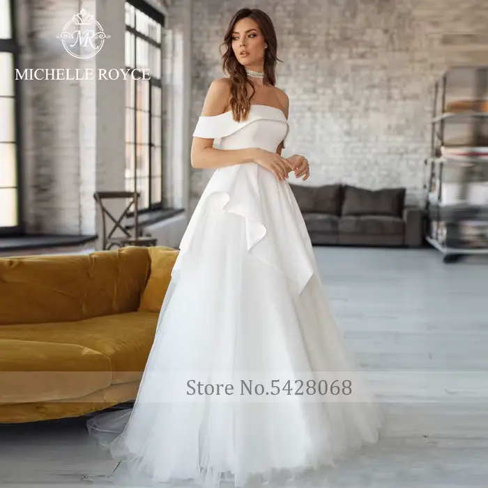 Robe de mariée Michelle Royce a-ligne moderne col bateau sans manches train de chapelle élégante pour femmes occasions spéciales