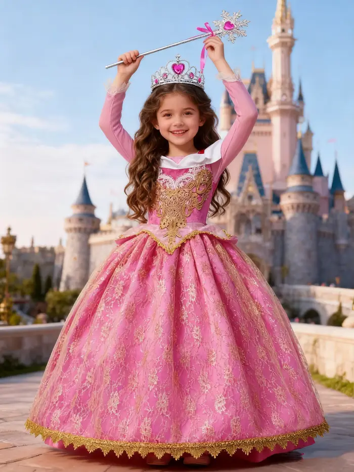 Fille Aurora robe de princesse enfants luxueux Cosplay Costume Rose
