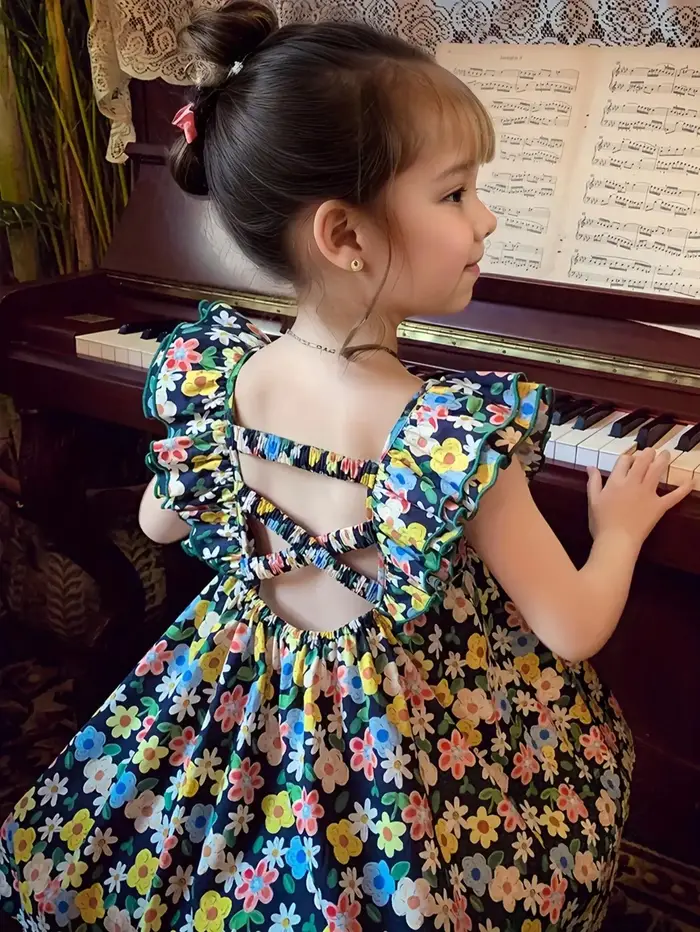 Robe trapèze mi-longue pour filles avec manches à volants – Style estival frais pour les fêtes et le quotidien