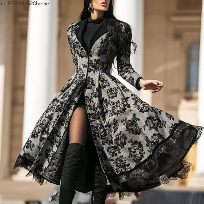 Robe femme automne hiver dame manteau 2025 à manches longues médiévale dentelle couture veste mince 
