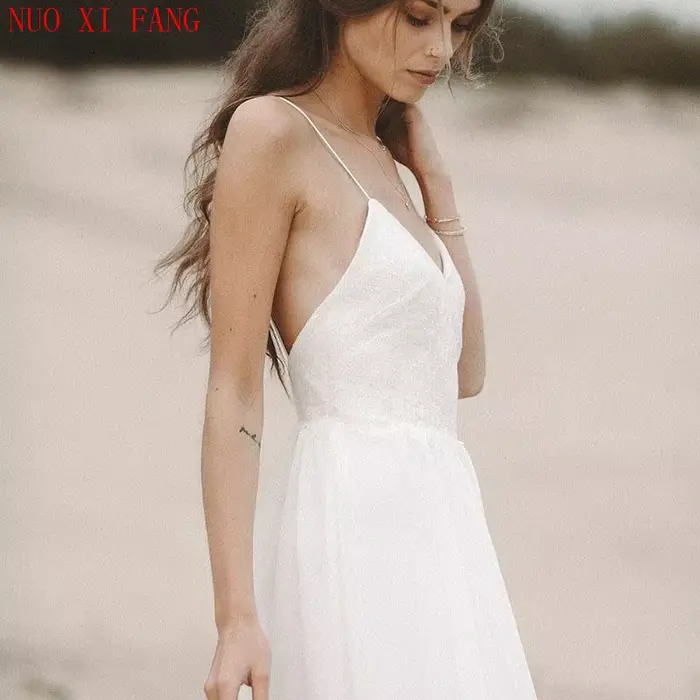 Robe de Mariée Sexy en Mousseline de Soie, Tenue de Plage, Col en V, Dos aux, Bretelles Spaghetti, Style Boho, pour Patients, Bon Marché, 2022