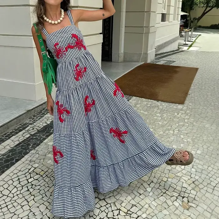 Robes d'été Chic à carreaux brodés de homard, sans manches, col carré, drapées superposées, robes de