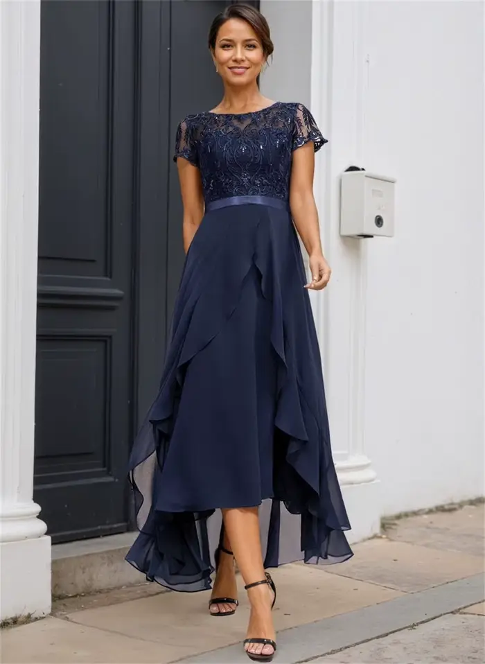 Robes de Soirée Courtes en Chiffon Noir pour Mère de la Mariée, Manches Courtes, pour Femme, Été 2026, Nouveauté, Robe de Plage SEM0010