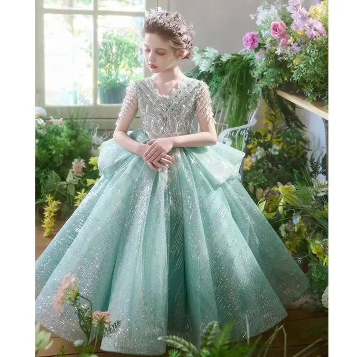 Robe formelle élégante pour filles robe de soirée verte à fleurs petite robe de Piano pour mariage anniversaire concours de princesse enfants filles occasion spéciale
