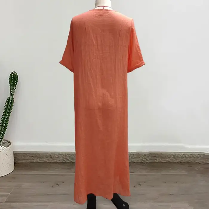 Robe de plage droite en mélange de coton style bohème pour femme col en V et drapé bleu orange rose été