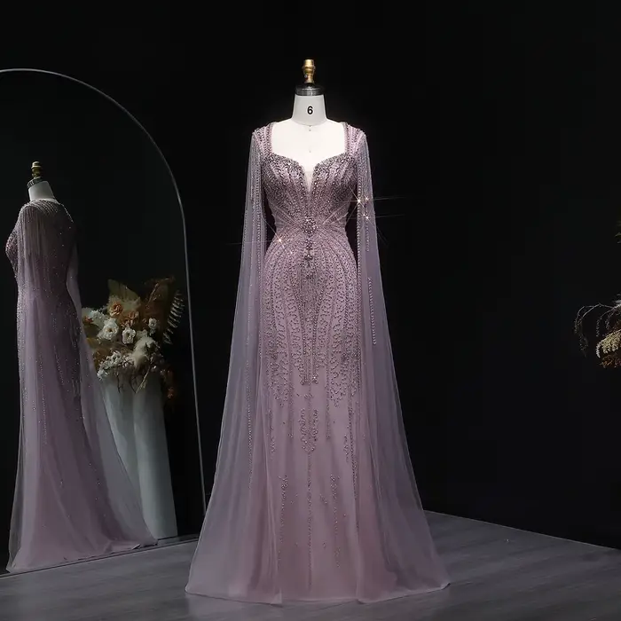 Sharon Said dubaï luxe Champagne sirène robe de soirée avec manches Cape pour les femmes de mariage 