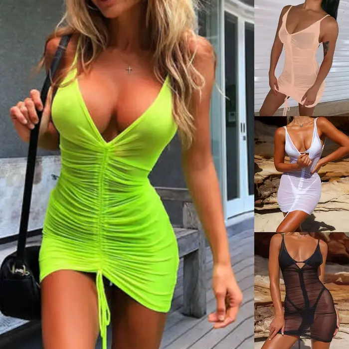 Robe néon verte femmes Sexy maille transparente Mini