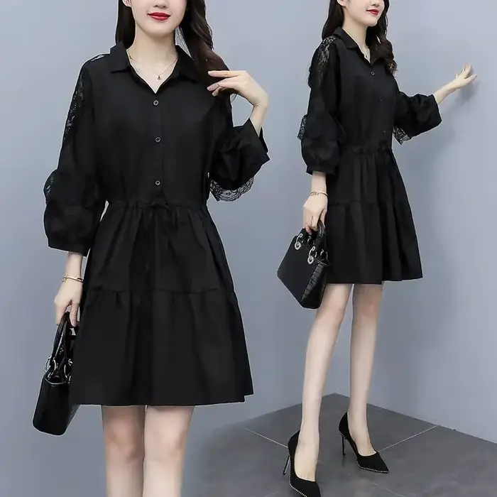 Robe en dentelle épissée à col Polo pour femme, couleur unie, manches longues, taille haute, tenue d