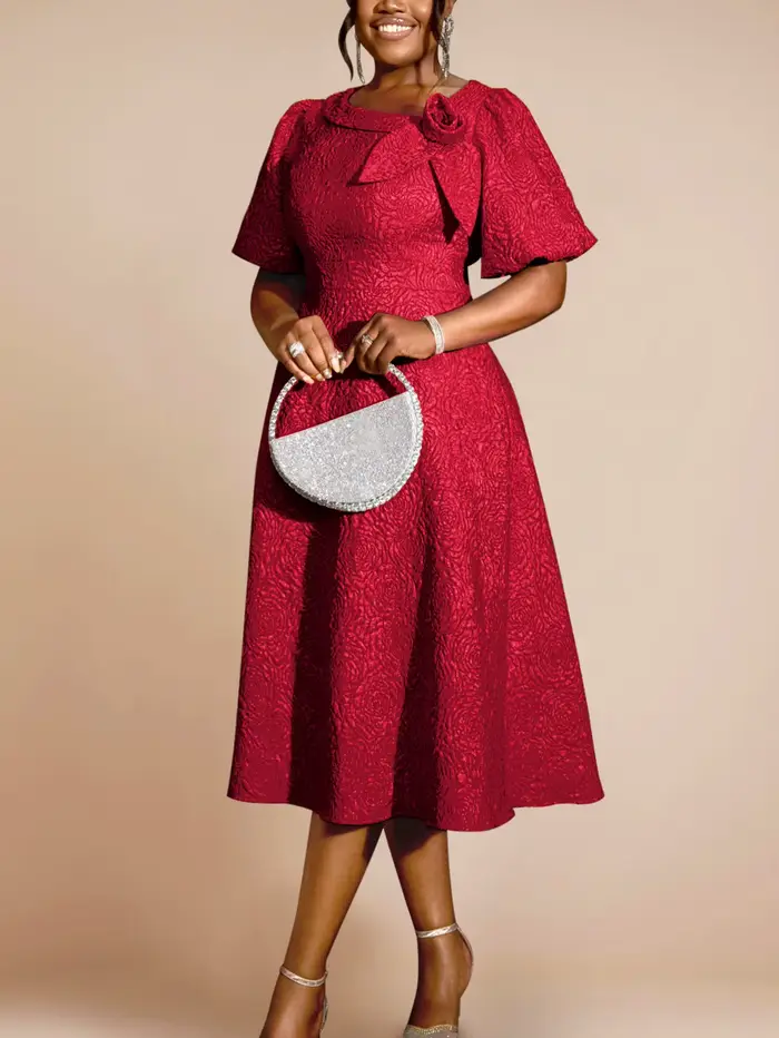 Élégant Jacquard une ligne robes 3D fleur manches courtes bouffantes femmes décontracté bureau travail soirée Cocktail