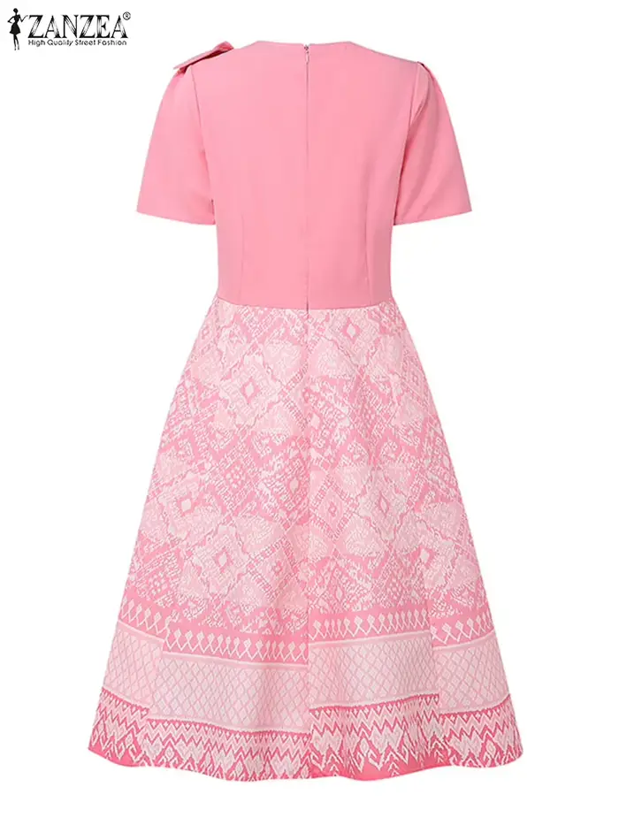 ZANZEA élégant OL Robe mi-longue femmes été robes 2025 Vintage à manches courtes imprimé nœud