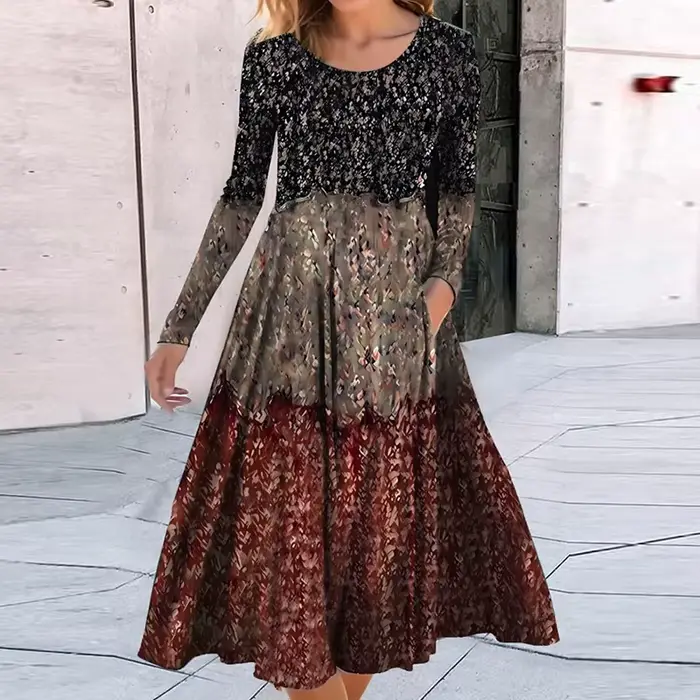 Robe bohème à manches longues et col rond pour femmes