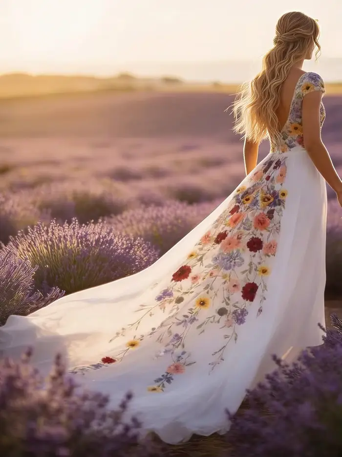 Robe de mariée bohème chic personnalisée en polyester avec broderies florales colorées, train de balayage/brosse, col en V et soutien-gorge intégré pour femmes grandes occasions spéciales