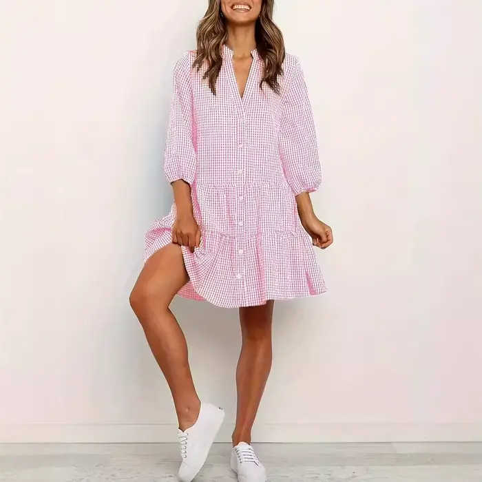 Robe de plage à demi-manches col en V patchwork boutonnée décontractée élégante pour femmes occasions spéciales été vacances 2025