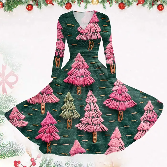 Robe Pinup Imprimée de Noël Polyester Elégante pour Femmes Occasions Spéciales Fêtes Mariages Soirées Gala