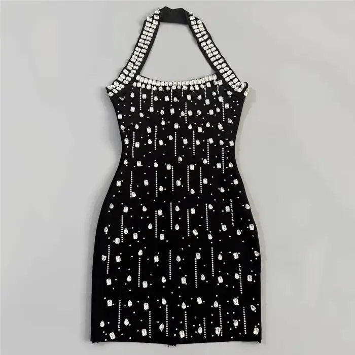 Robe de soirée mini pour femme, style halter, ornée de strass et de diamants, idéale pour les clubs 