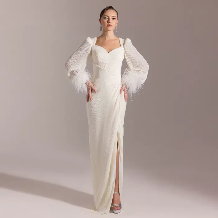 Sharon Said élégant plissé blanc rose chérie robes de soirée avec plumes pour les femmes robe de mar