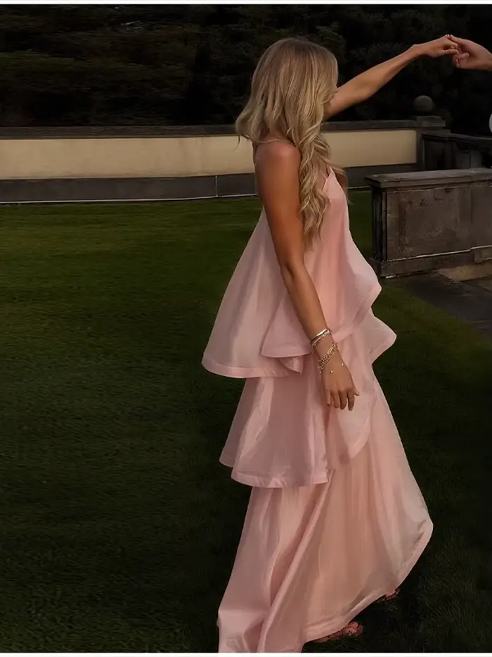 Chic rose doux couche ourlet licou robe sans manches une ligne fête Maxi Robes élégantes longues