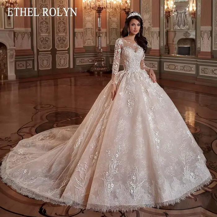 ETHEL ROCircN-Robe de Mariée de Luxe pour Femme, Tenue de Bal, Manches sulf, Perles, Fleurs, Scoop, 