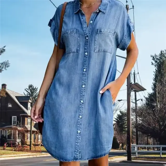 Femmes Denim chemise robes à manches courtes en détresse Jean robe boutonnée décontracté mode tuniqu