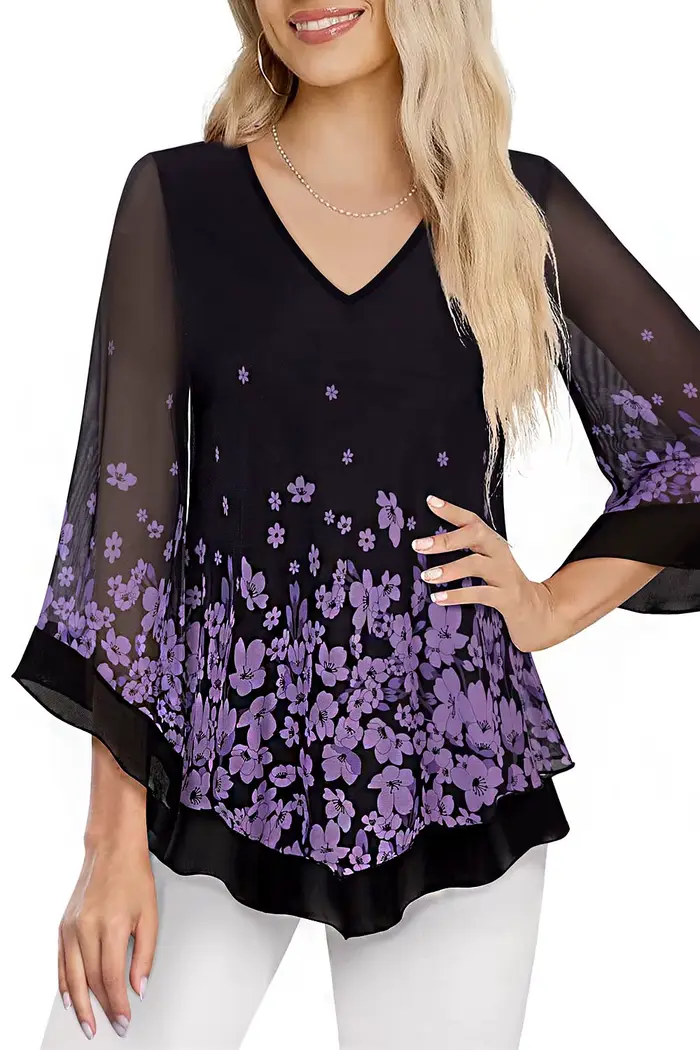 Flycurvy grande taille mariage violet mousseline de soie imprimé fleuri manches flottantes