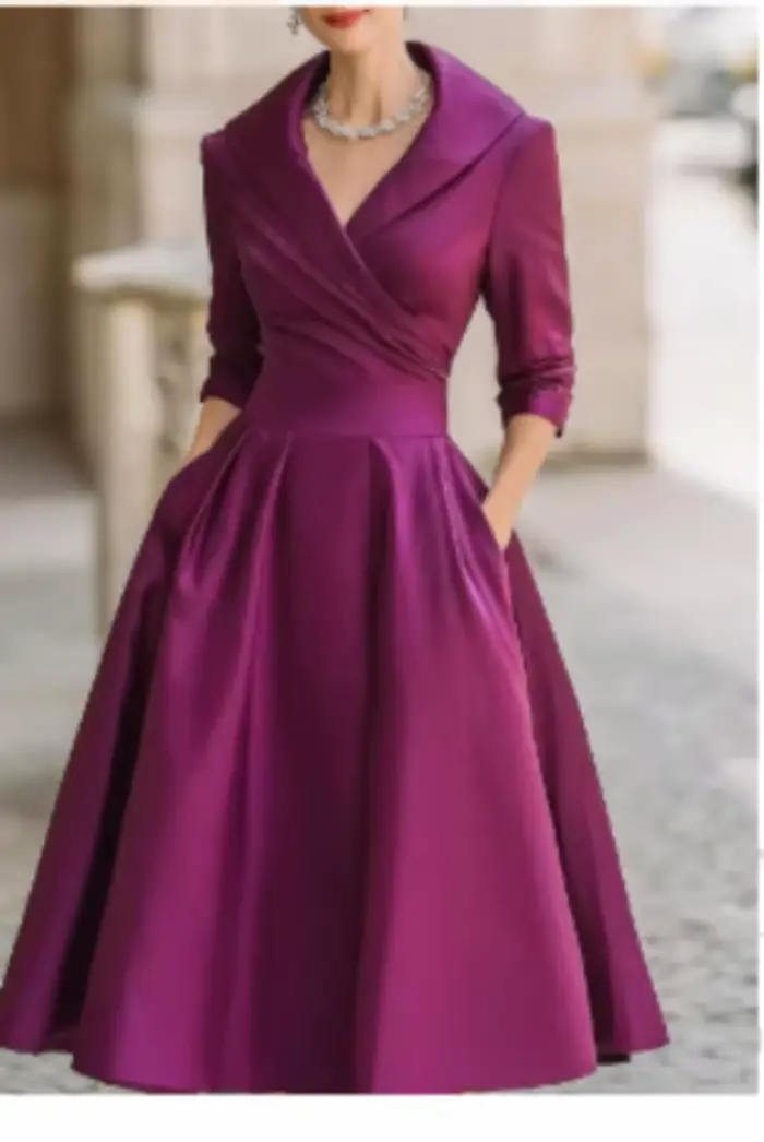 Robe midi élégante pour femme avec col à volants et poches tenue de soirée chic automne polyester couleur beige bleu marine bourgogne fuchsia noir taille S M L' XL XXL
