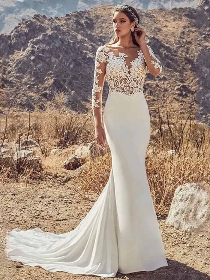 Robe de mariée élégante en polyester avec train de balayage, dentelle et appliques, coupe A-line, décolleté Mon Amour, pour femmes, occasions spéciales