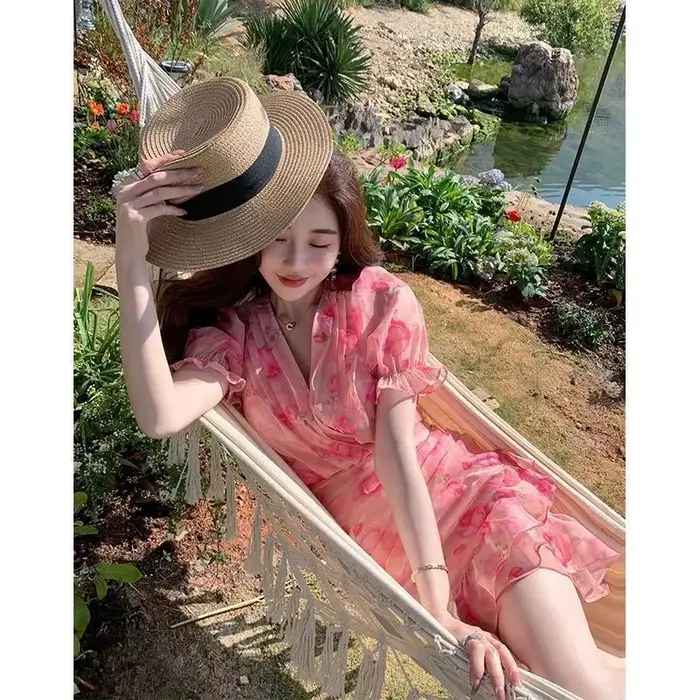 Robe portefeuille à volants imprimé floral rose pour femmes printemps automne élégante occassions spéciales