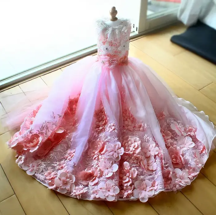 Robe de mariée rose pour chien faite à la main avec jupe brodée de fleurs 3D
