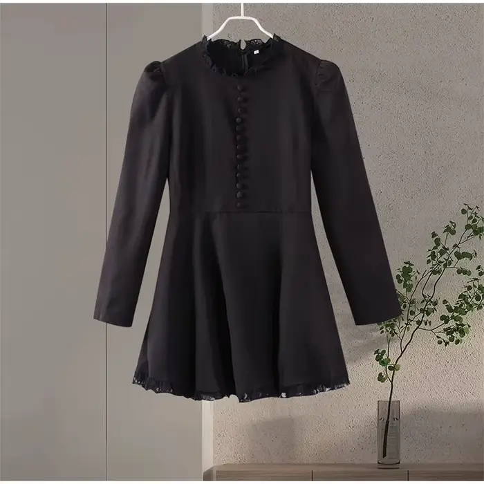 Robe noire à volants et col montant pour femmes, manches longues, simple boutonnage, mini robes, dam